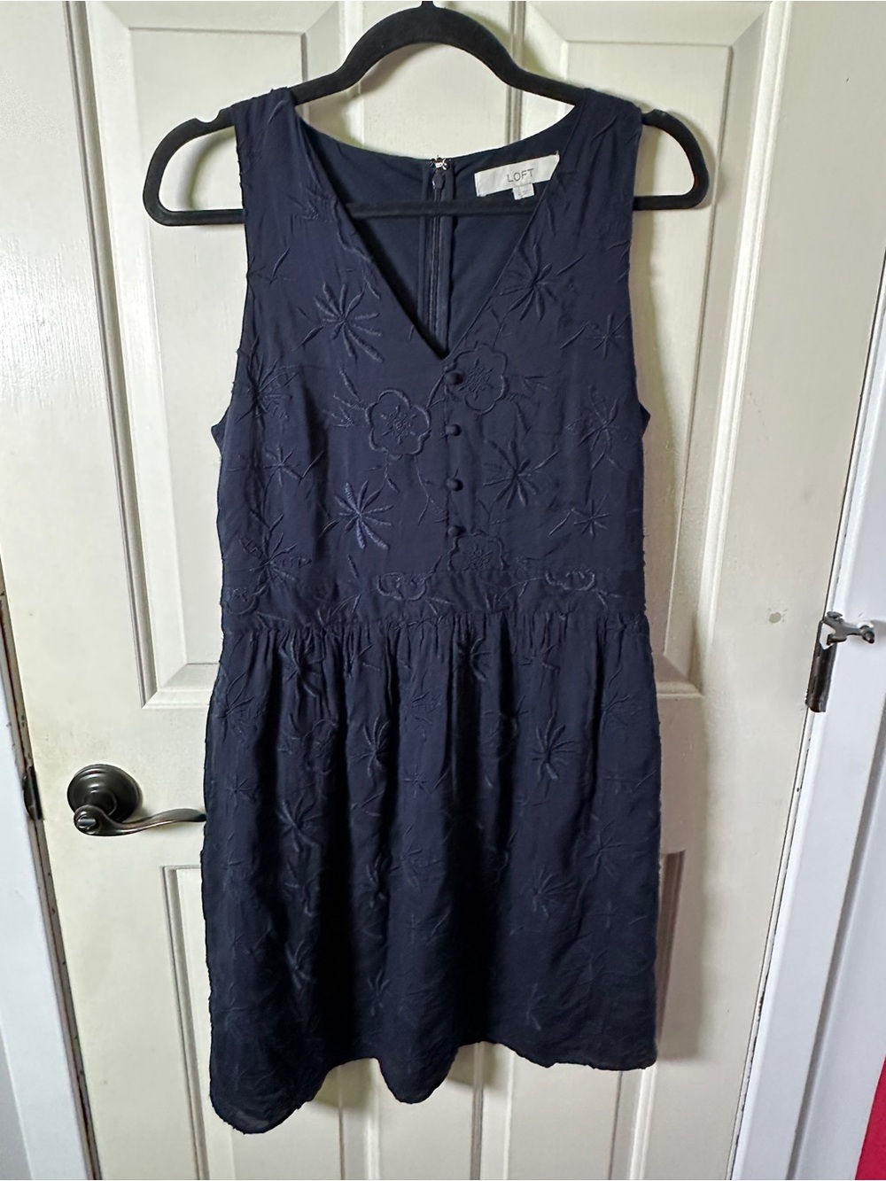 LOFT Navy Sleeveless Embroidered V-Neck Mini Dress